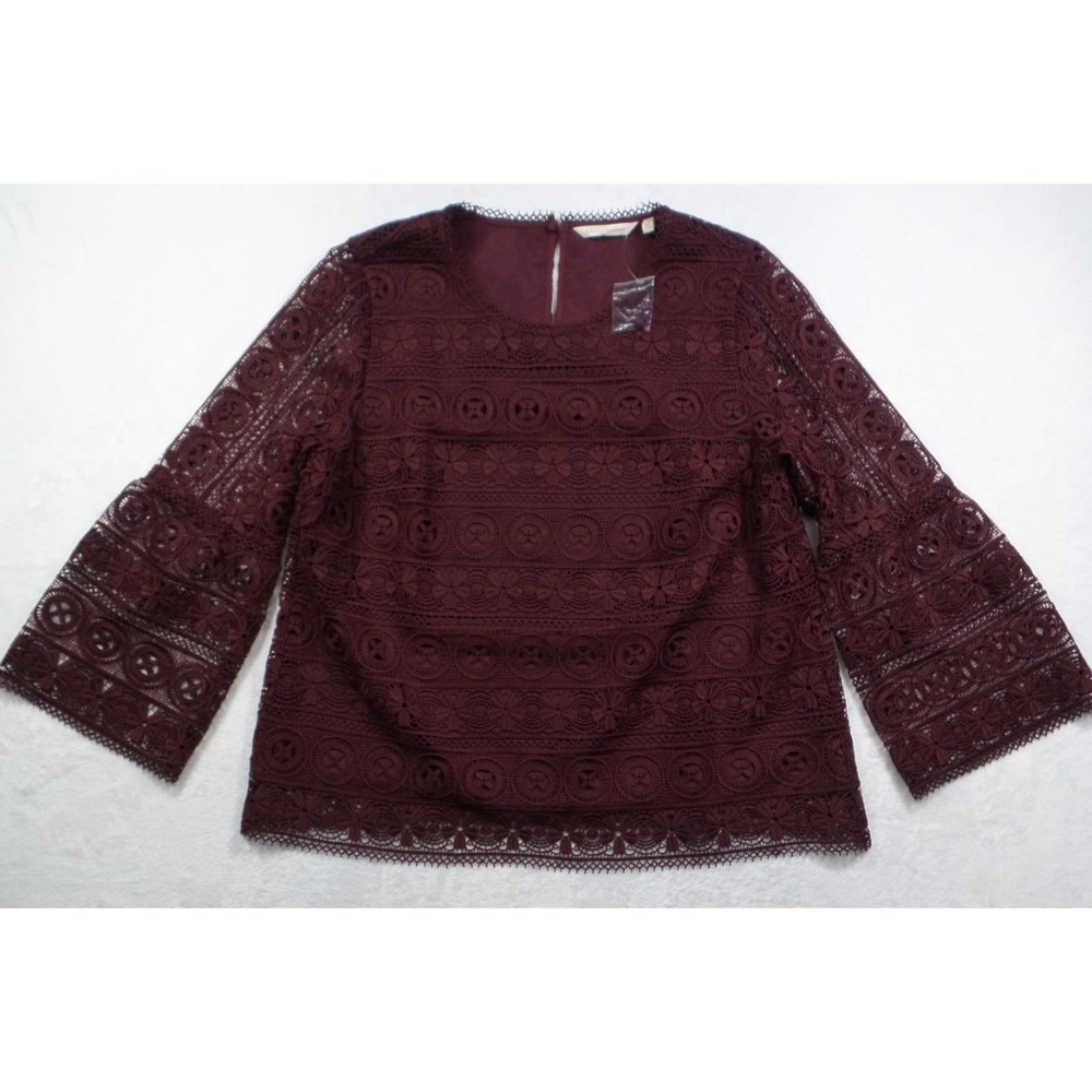 Soft Surroundings Top Womens Size Large Red Lace Blouse Bell Sleeve Floral Lined